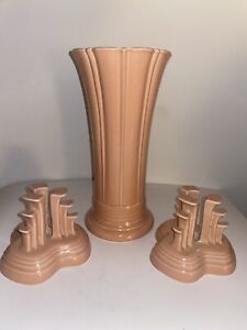 Fiestaware Apricot Medium Vase & Pyramid Candlestick Holders Set Peach Pink