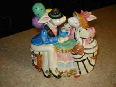 1995 FITZ & FLOYD Bunny Rabbit Family Party Cookie Jar Box VERY RARE Sri Lanka *