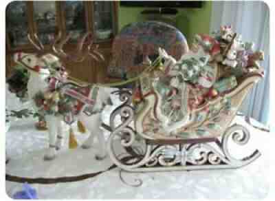 RARE Fitz & Floyd Enchanted Holiday Santa and Sleigh with 8 Reindeer