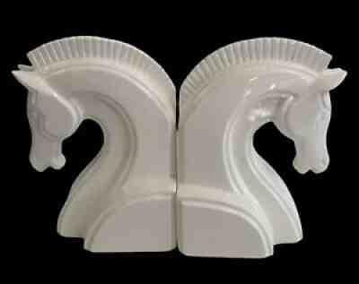 Vintage FITZ & Floyd White Ceramic Horse Head Bookends MCM Art Deco Japan RARE