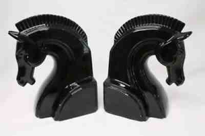 Vintage Fitz and Floyd Black Ceramic Horse Head Bookends MCM Deco Japan