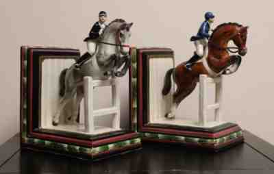 Pair (Set) Fitz & Floyd Equestrian Bookends Ceramic Jumping Horse with Rider
