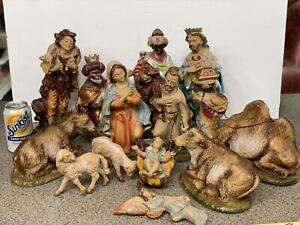 Vintage Italy Paper Mache Signed 14 Piece Figures Nativity Christmas Manger Set