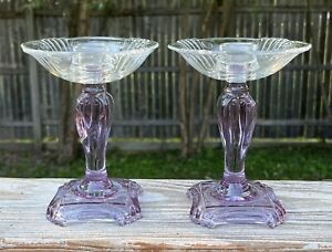 Rare Fostoria Wisteria Alexandrite Scroll Pattern Candlesticks