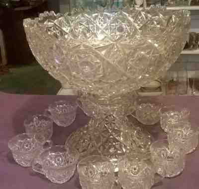 PUNCH BOWL & CUPS FOSTORIA GLASSWARE COLLECTIBLE ELEGANT VINTAGE1900 ERA ROSBY  