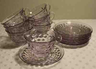 Set - 7 Fostoria Glass American Cube Purple / Amethyst Coffee Tea Cups & Saucers