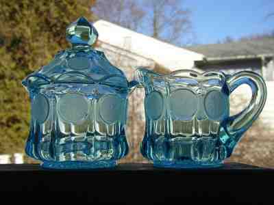 Vintage FOSTORIA Robin Egg BLUE COIN Pattern Glass CREAMER SUGAR Tea Coffee Set