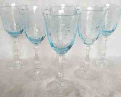 (6) Fostoria Navarre Azure Blue Crystal Water Goblets Wine Glasses 7 5/8" Etched