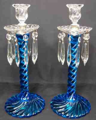 Pair of Fostoria Queen Anne Colony Blue Candlesticks Candleholders Candelabras