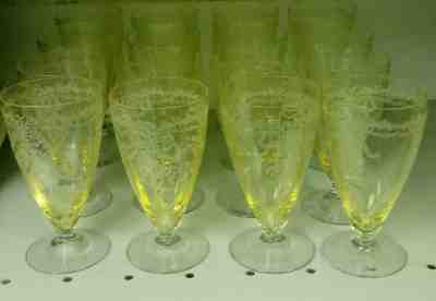 16 Fostoria JUNE Topaz Yellow Water Tea Tumblers Glasses Ribbon & Vine Pattern