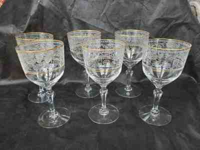 6 Vintage Fostoria Renaissance Water Goblets 6111 With Gold Trim