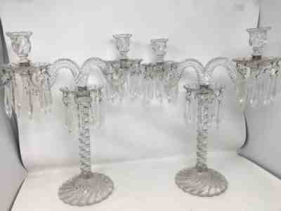 Pair Of Antique Fostoria Queen Anne Colony 2 Arm Candleabra W/ Bobeche Prisms