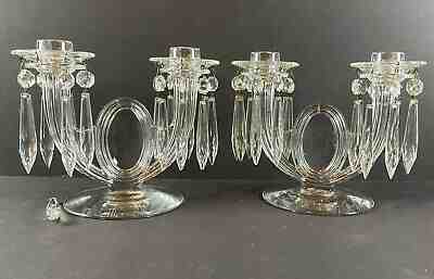 Fostoria Sunray Double Light Candlesticks Holders Pair Lot 2 w/ Bobeches Prisms