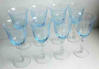 Set Of Eight Vintage Signed Fostoria Blue Navarre Water Stem Goblets 7 5/8" Tall