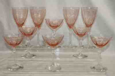 Set of 10 FOSTORIA Etched Elegant Versailles Pink Water and Champagne Glasses