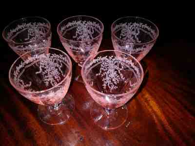 JUNE ETCHING, Pink, BAR TUMBLERS! Set of 5, HARD TO FIND 3-inch Size, PERFECT!  