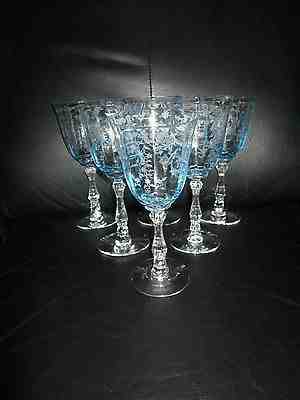 Set of 6 Fostoria Navarre Blue Crystal Wine Glasses 6 1/2" Tall Etched Claret