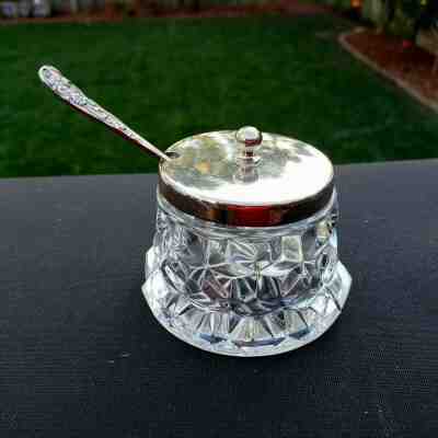 RARE FOSTORIA AMERICAN CRYSTAL JAM CONTAINER WITH LID & SPOON ESPN With Etching