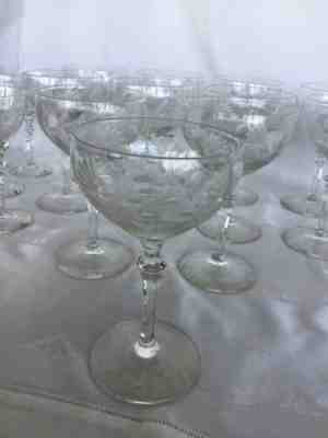 Set Of 11 Vintage Etched Crystal Champagne Coupes And 12 Cordial Glasses