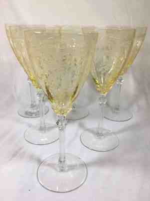 (9)Fostoria 'June' 8.25 Inch WATER GOBLETS in Topaz/Yellow