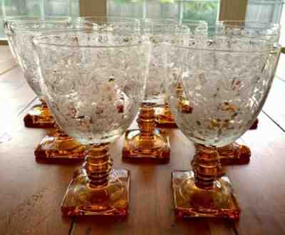 RARE Set of 9 Vintage Fostoria Queen Anne Water Goblet Square Amber Base Etched 