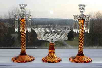 FOSTORIA QUEEN ANNE AMBER & CRYSTAL #2412 LOW CONSOLE BOWL & LUSTRE CANDLESTICKS