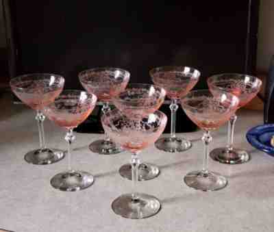 Fostoria June Pink Tall Saucer Champagne Sherbet Glasses 6" tall set of 8
