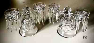 FOSTORIA AMERICAN #2056 DUO BELL CANDLE HOLDERS w Bobeches and Prisms