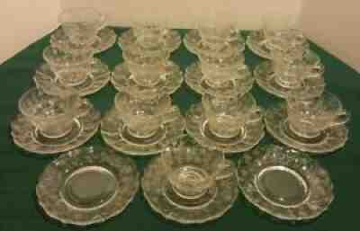 Vtg FOSTORIA Etched Crystal CHINTZ Baroque 13 Coffee Cup & 15 Saucer Plates Set