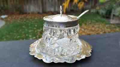 RARE FOSTORIA AMERICAN CRYSTAL JAM CONTAINER WITH LID & SPOON & UNDER-PLATE ESPN