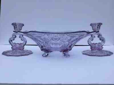 RARE Antique Wisteria Fostoria Alexandrite Large Footed Bowl & Pair Candlesticks