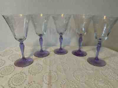 VTG RARE Set of 5 Fostoria Wisteria Footed Crystal Wine Glasses~FUCHSIA ETCHING