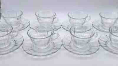 SET of 8 Fostoria Elegant Clear Depression Glass Fleur De Lis Coffee Cup Saucer