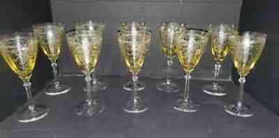 VTG 1930â??s Fostoria Topaz Yellow Water Stemware June Pattern Set of 10 MINT