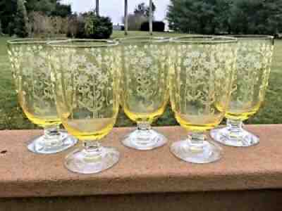 FOSTORIA MANOR PATTERN ACID ETCH YELLOW BOWL CLEAR FOOT WATER/ICE TEAS SET (5)