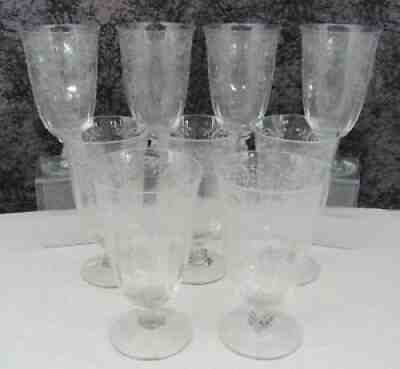 (9) 13 oz. Fostoria Meadow Rose Elegant Etched Glass Iced Tea Tumblers - 5 7/8