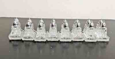 FOSTORIA AMERICAN 8 sets SALT PEPPER SHAKER TRAY CRYSTAL SILVER? LID 40s PONCA