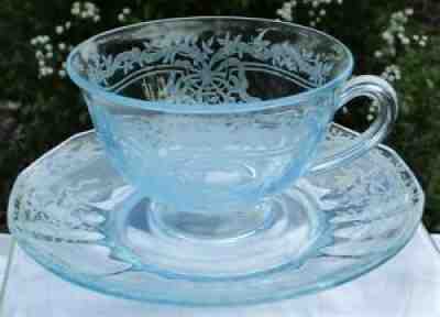 FOSTORIA AZURE BLUE JUNE ETCH FOOTED EIGHT (8) CUP & SAUCER SETS #2375, MINT!