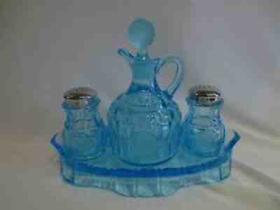 (RARE) FOSTORIA COIN BLUE 4 PIECE CONDIMENT SET