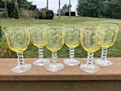 FOSTORIA MANOR PATTERN ACID ETCH YELLOW BOWL CLEAR FOOT WATER GOBLETS SET OF (6)