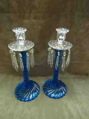 Ca 1920's Fostoria Glass Queen Anne Blue Clear Swirl 14-1/2