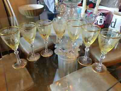 7 Topaz Yellow Fostoria June Clarets with Gold