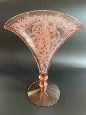 Fostoria JUNE Pink Rose Footed Fan Vase RARE