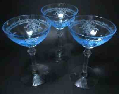 FOSTORIA GLASS CO AZURE BLUE JUNE SET/3 OYSTER COCKTAIL GLASSES 3 OZ 5.25