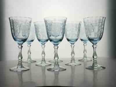 Set of 8 Fostoria Navarre Blue Etched Large Claret Glass Signed