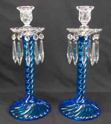 Pair of Fostoria Queen Anne Blue Candelabra Candle Stick Holders Lustres