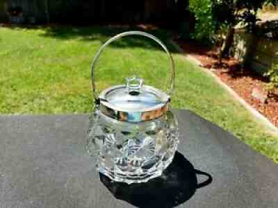 RARE FOSTORIA AMERICAN CRYSTAL JAM CONTAINER WITH HANDLE AND LID - ESPN - 1