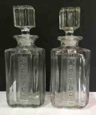 pair Antique FOSTORIA SUNRAY CRYSTAL DECANTERS **scotch & bourbon**