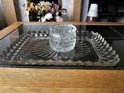 FOSTORIA AMERICAN ENGLISH DRESSER TRAY AND 3 INS ROUND POMADE WITH LID VGC