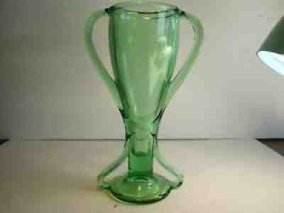 VTG Art Deco Fostoria Green Vaseline Uranium Glass TUT Trophy Loving Cup Vase